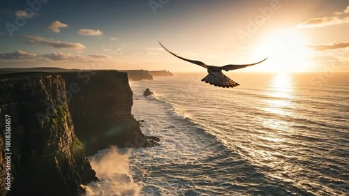 Majestic falcon soars across Irish coast, dramatic cliffs and ocean waves meet golden sunrise