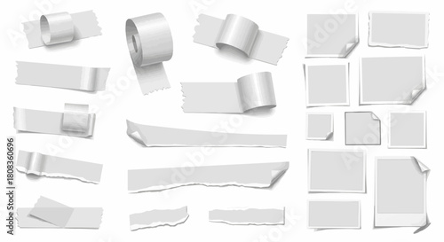 Collection of torn paper pieces and adhesive tape rolls.