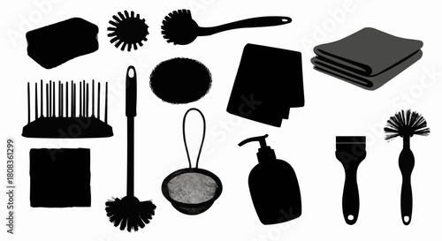 Collection of cleaning supplies and tools for household chores.