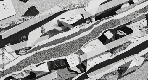Abstract black and white background of diagonally layered torn paper strips.