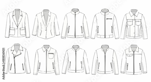 Collection of Fashion Jackets and Coats Line Art Fashion Design Sketches.
