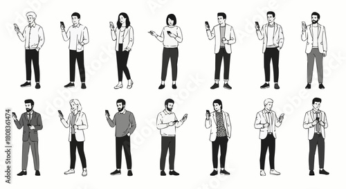 Diverse group of people using smartphones in a modern setting.