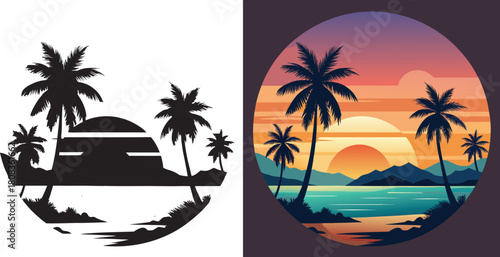 Stunning tropical sunset with vibrant palm trees casting silhouettes over a serene ocean and majestic mountains