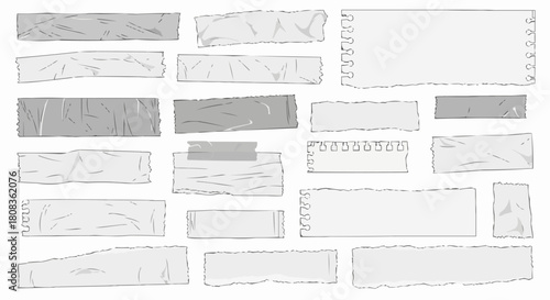 Collection of various white and gray adhesive tape strips and torn paper pieces.