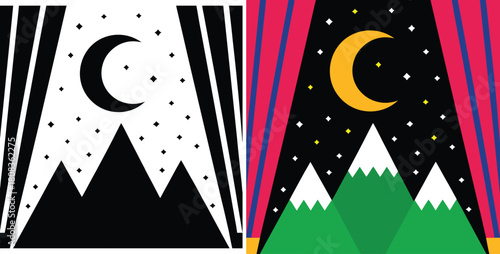 Vibrant abstract night sky with crescent moon and snow-capped mountains behind colorful stage curtains creating a whimsical theatrical scene