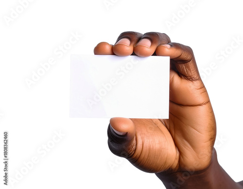 Hand holding blank business card mockup for presentation design on transparent background
