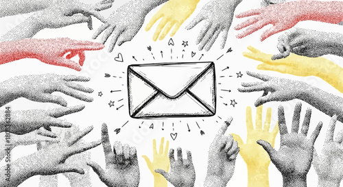 Many diverse hands reaching for a central email message.