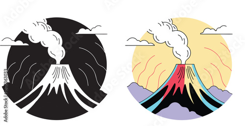 Dynamic volcano eruption with smoke plumes and lava flow, a powerful natural force depicted in bold graphic style