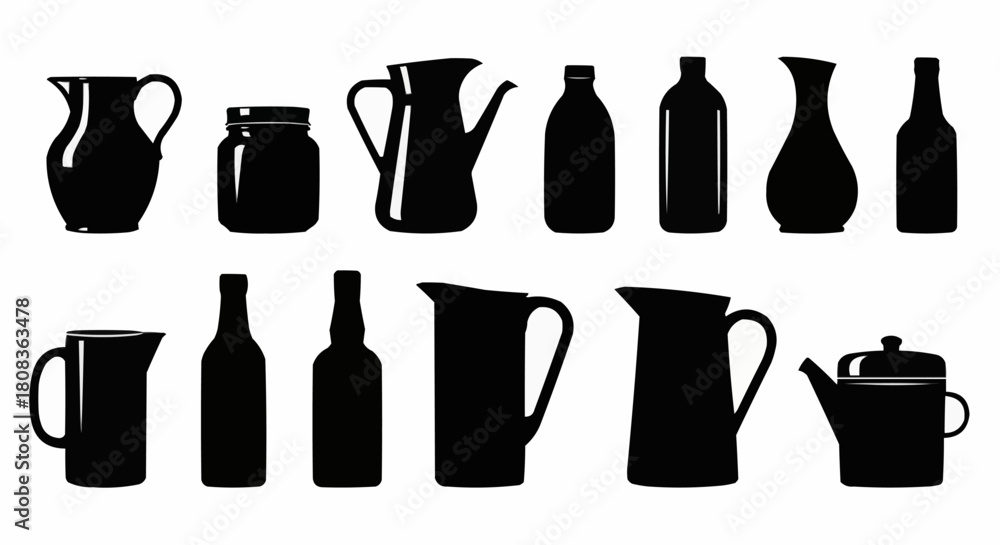 Fototapeta premium Silhouette Collection of Pitchers, Jars, and Bottles.