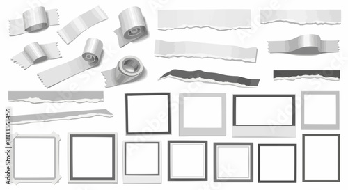Monochrome collection of adhesive tape strips torn paper and empty photo frames.