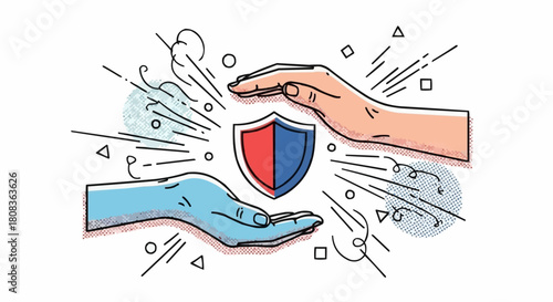 Hands protecting a shield representing security and safety concept.