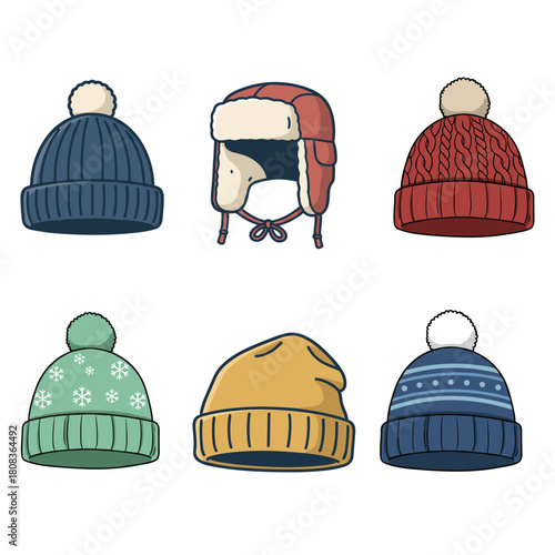 Winter Hats Set of Cozy Knit Beanies on White Background