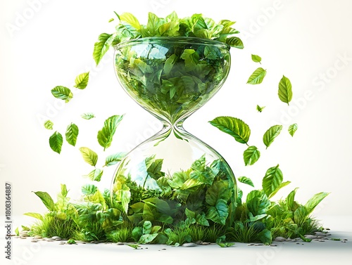 Hourglass filled with green leaves and plants on white background time nature