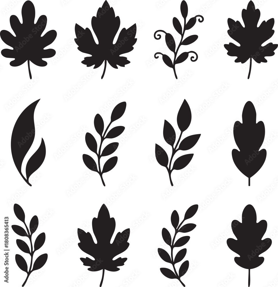 Fototapeta premium Black Leaf Silhouette Icon Set – Assorted Botanical Foliage and Plant Silhouettes