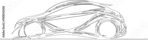Hand drawn sketch art or line art or silhouette of a car with various curved pencil sketched lines.