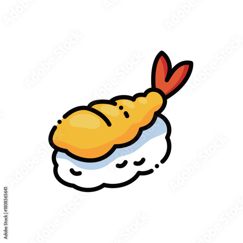 A tempting tempura shrimp nigiri with golden crispy prawn. Perfect for sushi or Japanese food designs. Editable & scalable.