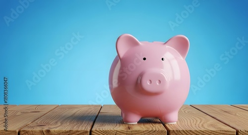 Pink Piggy Bank on Wooden Table Against Blue Background.