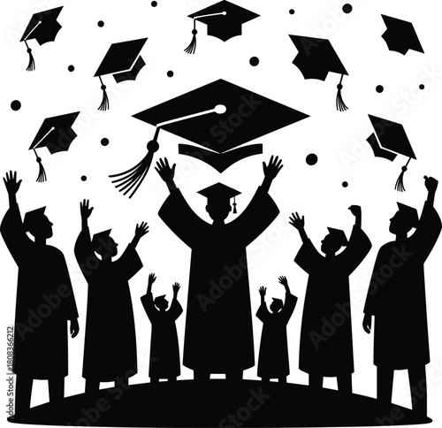 Graduation celebration silhouettes of students throwing caps, academic success vector illustration, education achievement design for school, university, ceremony, art, poster, and decoration