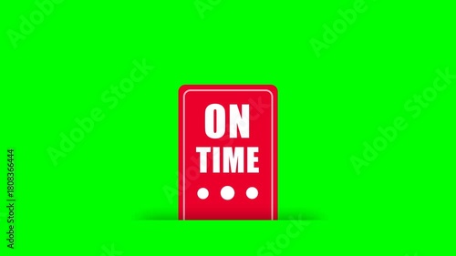 On time tag label animation on a green screen background for punctual service highlights, business promotions, and marketing campaigns.
