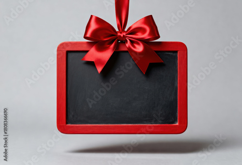 Blank chalkboard with red ribbon and bow as beautiful christmassy holiday decoration topview against bright background