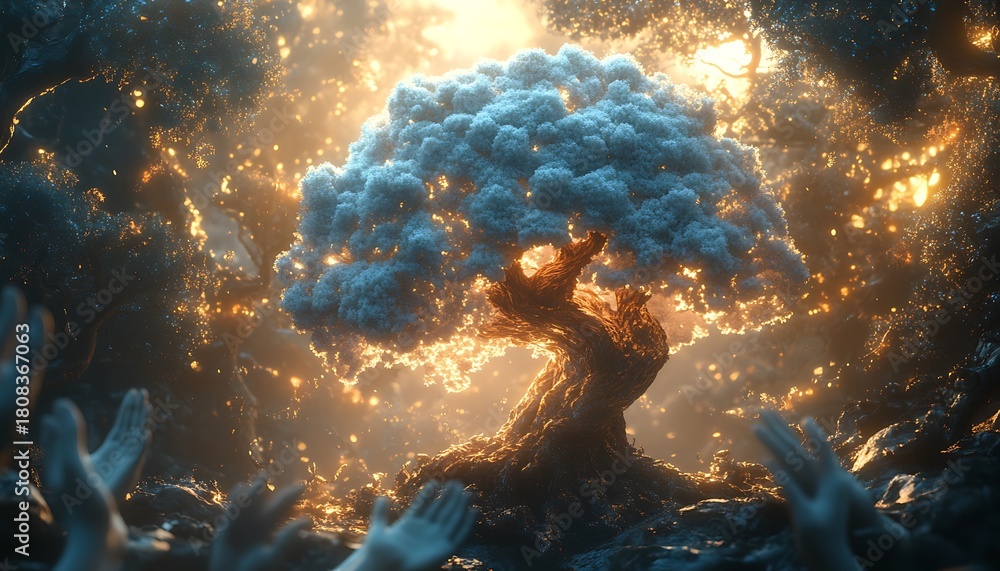 Naklejka premium Mystical glowing tree with outstretched hands in ethereal forest fantasy magic