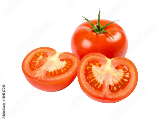 Fresh red tomatoes whole and sliced for salad or cooking recipe on transparent background