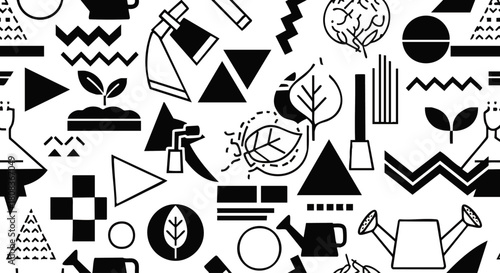 Black and white pattern featuring various gardening and science related icons, including plants, leaves, beakers, and watering cans.
