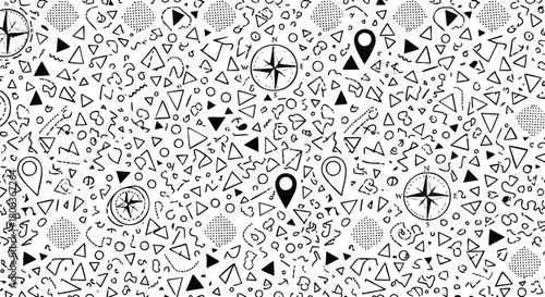 Abstract background featuring compasses, location pins, speech bubbles, triangles, circles, squares, and lines in a black and white doodle style pattern.