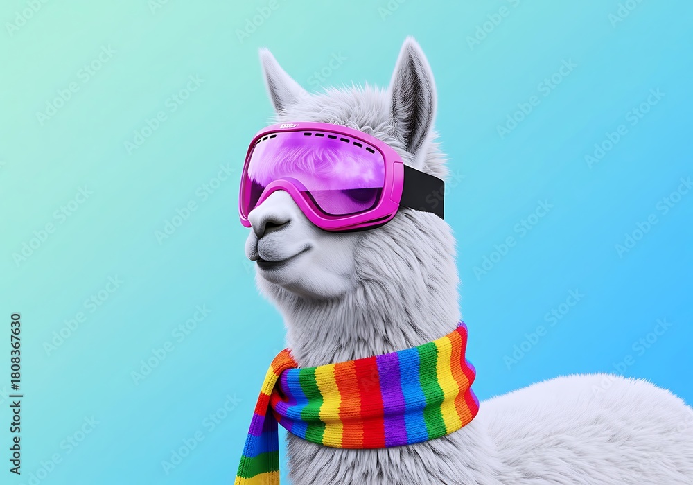 Obraz premium Skiing Llama with Rainbow Scarf and Pink Goggles Ready for Winter Sports