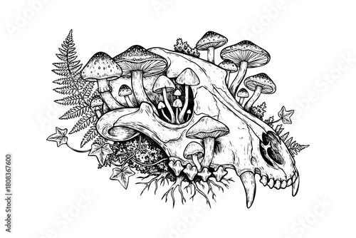 Black and white illustration of a skull with mushrooms and foliage illustration