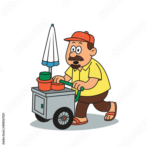 Vector illustration of a traditional Indonesian ice seller pushing an ice cart on the street. Designed in a colorful flat style, perfect for culinary content, street food themes, local culture visuals