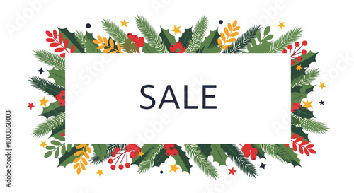 Holiday sale announcement with festive floral frame and stars, perfect for Christmas promotions, discounts, and seasonal marketing campaigns this year
