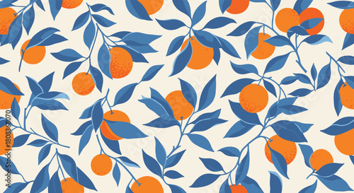 Vibrant orange pattern design with deep blue leaves for summer textiles and fashion prints, a modern citrus grove inspired print for fabrics