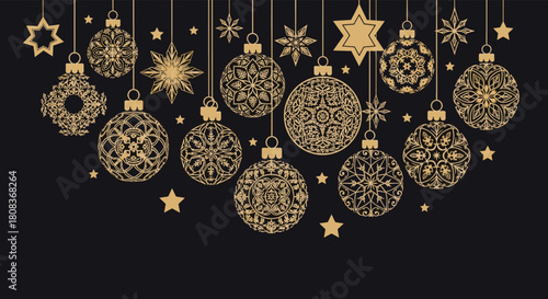 Elegant gold Christmas ornaments and stars on black create a festive holiday feel for your seasonal designs and greetings, offering sophistication.