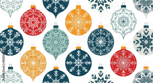 Stylish Christmas ornaments pattern for festive designs and holiday cheer, use this joyful design for greeting cards and winter promotions.