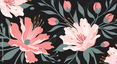 Elegant floral pattern on black background for modern designs or stylish stationery, a chic and sophisticated botanical illustration for creative projects