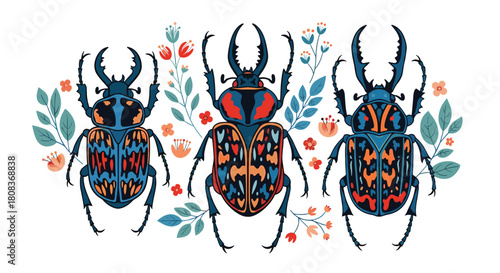 Vibrant stag beetles with floral accents for eye-catching designs and nature-inspired projects. Great for invitations or bold creative concepts.