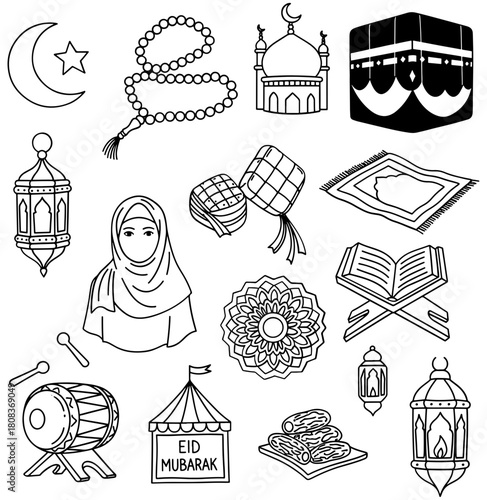 Eid alfitr doodle isolated on with mosque, lantern, ketupat, drum, and prayer rug