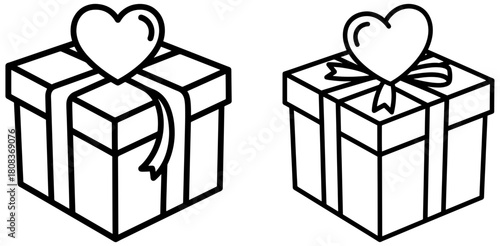 Two gift box icons with heart, symbolizing love, celebration, and giving isolated on