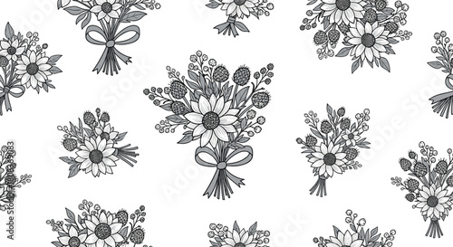 Elegant seamless pattern of monochrome floral bouquets for invitations, wallpapers, and backgrounds, perfect for adding a touch of classic beauty