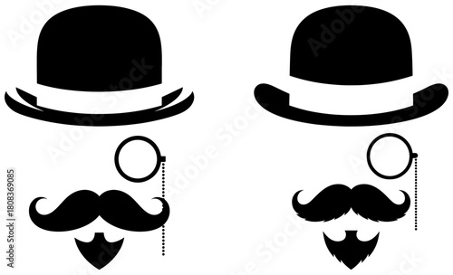 Two distinguished gentlemen with bowler hats, monocles, and mustaches isolated on, exuding vintage charm and sophistication