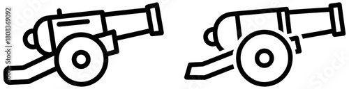 Two vintage cannon icons in black and white, symbolizing history, warfare, and naval power isolated on