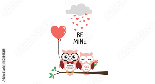 Sweet owl couple sharing love with a heart balloon and romantic heart rain, expressing affection for Valentine's Day or anniversaries