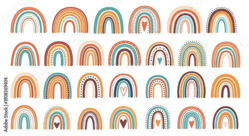 Charming boho rainbow collection for nursery decor and children's design projects with hand-drawn style and earthy neutral color palettes, great for kids
