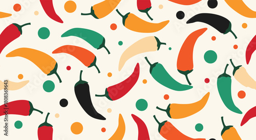 Vibrant chili peppers pattern for a spicy fiesta, perfect for Mexican restaurant menus, colorful culinary designs, or eye-catching food packaging