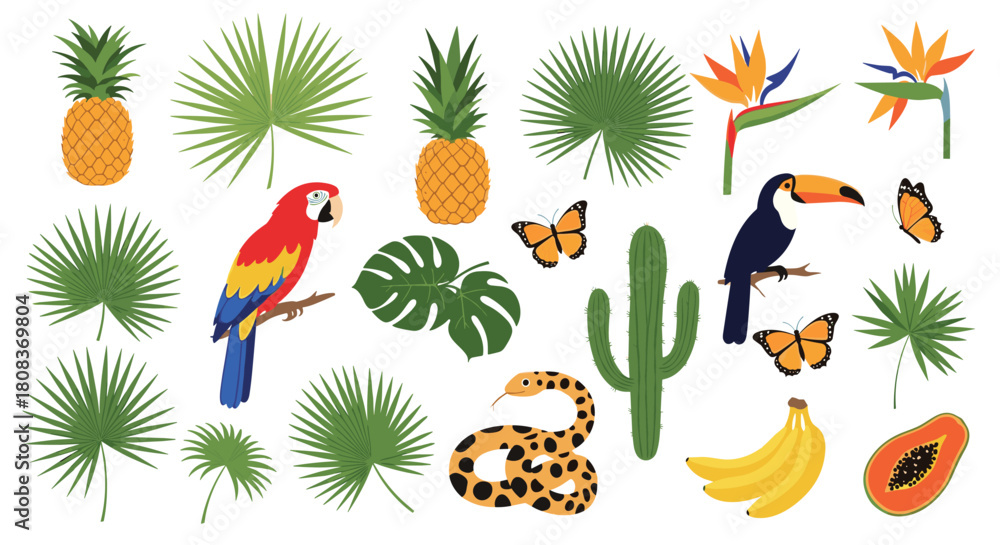 Obraz premium Vibrant tropical wildlife and plants for striking designs, perfect for summer promotions, exotic themes, and bold invitations with toucans and leaves