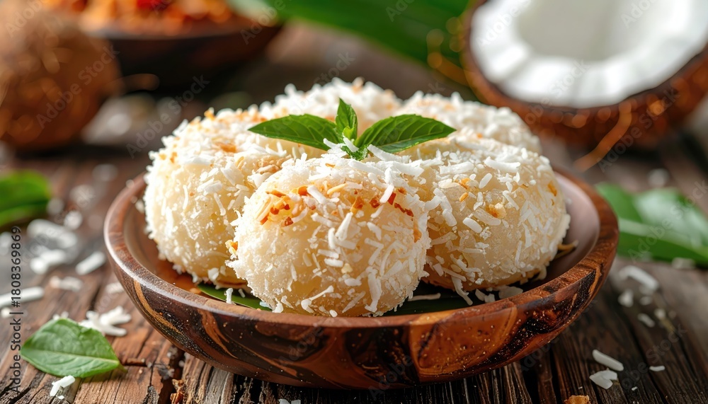 Fototapeta premium Close-up shot of several coconut sweets on a wooden plate, adorned with a fresh green leaf. The presentation suggests a culinary delight, emphasizing the textures and flavors