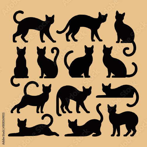 Diverse Black Cat Poses and Silhouettes: Vector Graphic Set