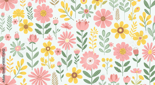 Delightful floral pattern perfect for spring textiles and cheerful designs, with whimsical pink and yellow flowers on a soft background for a happy feel