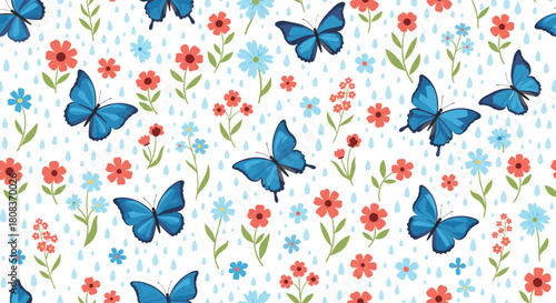 Delicate blue butterflies and cheerful flowers create a delightful spring pattern, perfect for textiles, wallpaper, or a vibrant, nature-inspired design